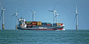 W.E.C. Lines container ship passing the Thanet Wind Farm