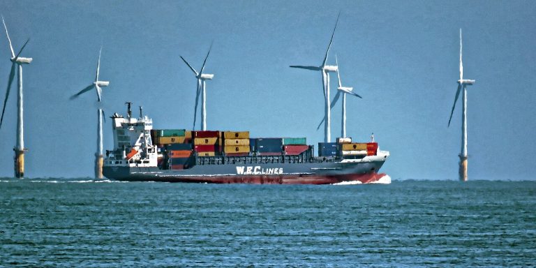 W.E.C. Lines container ship passing the Thanet Wind Farm