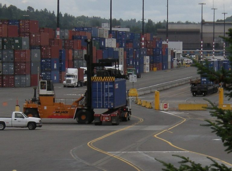 Shipping containers and freight vehicles at Terminal 5 in Seattle