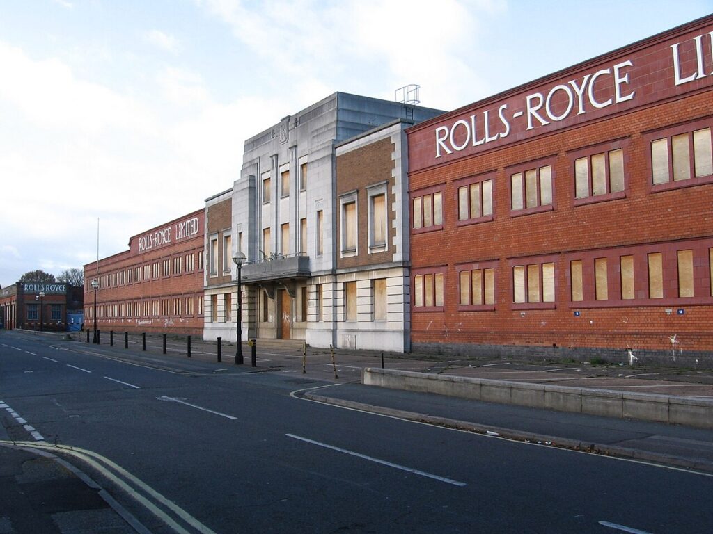 Historic Rolls-Royce factory facade in Derby, England