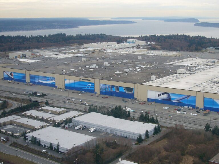 Elevated view of the Boeing assembly plant at Everett with large hangar doors