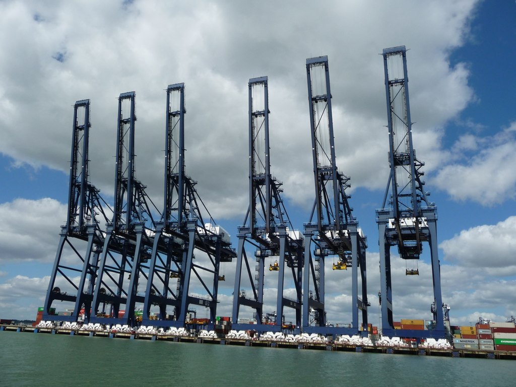 Container cranes and stacked containers at the Port of Felixstowe
