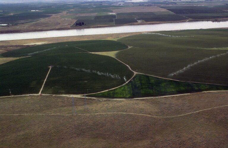 Aerial view of center-pivot sprinklers irrigating circular fields beside a river in Idaho