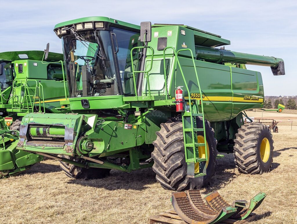 John Deere 9650STS combine parked with its header removed