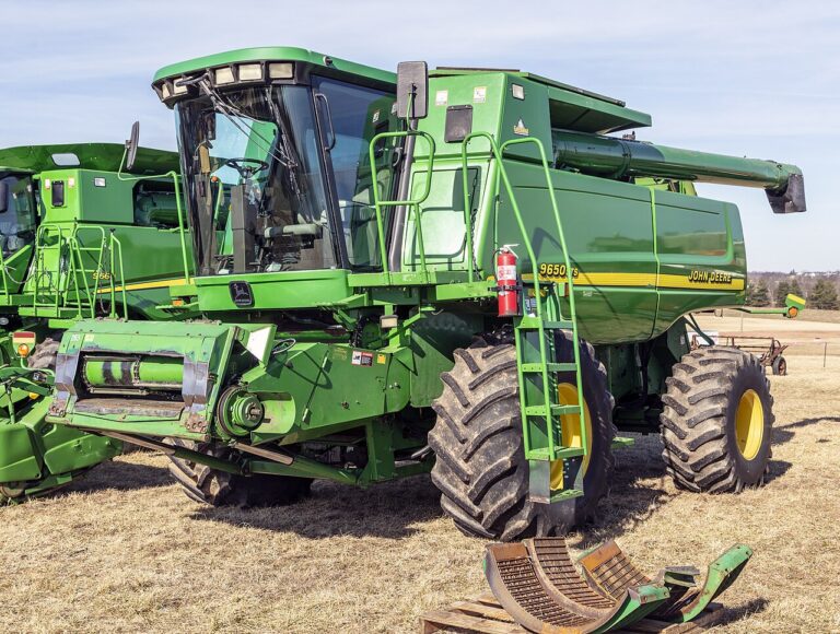 John Deere 9650STS combine parked with its header removed