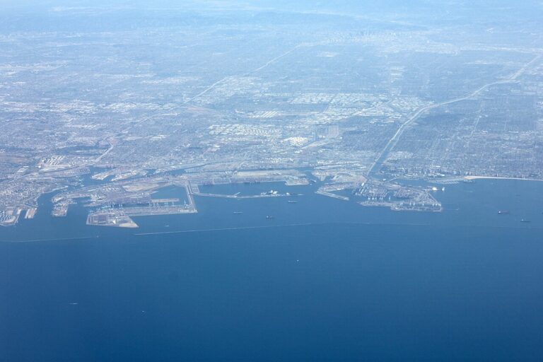 Aerial view of container terminals and waterways at the Port of Los Angeles